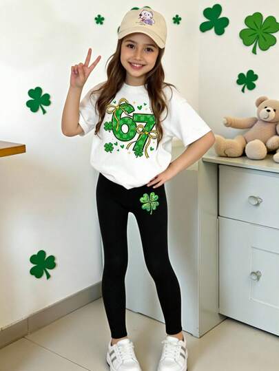 Tween Girls Spring And Summer Casual Fashion Creative Personalized Fresh Elegant Minimalist Clover Floral Green Number 67 Heart Star Bow Graphic Print Comfortable Basic Short T-Shirt And Leggings Set, Cozy Summer And Fall Styles Suitable For Girls Spring, Summer, Autumn