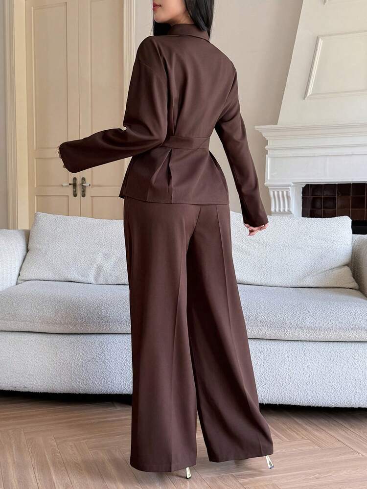 2pcs Women Casual Collared Waist Top And Pants Set