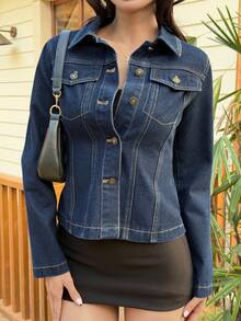 DAZY Women's Slim Fit Solid Color Denim Jacket, Suitable For Summer Vacation Y2k - Medium Wash - View 1