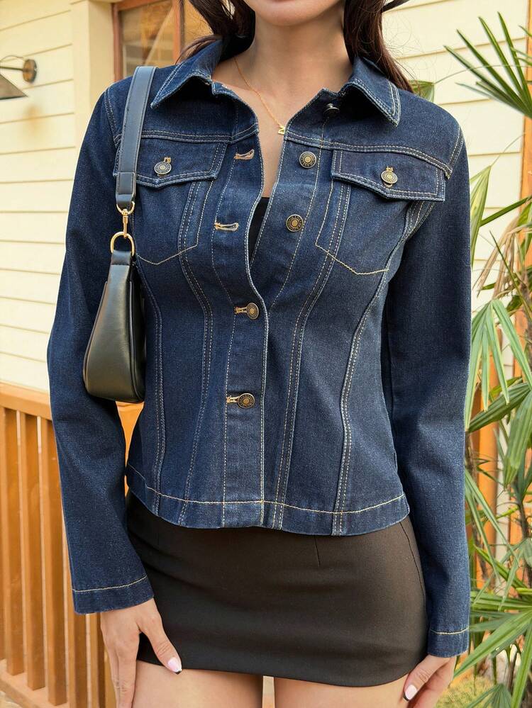 Women's Slim Fit Solid Color Denim Jacket, Suitable For Summer Vacation