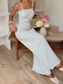 DAZY Striped Ruched Waist Cami Top & Wide Leg Pants Set - Beige - View 4