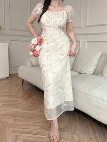 DAZY Đầm chiffon tay phồng họa tiết hoa mùa hè 2024, có eo thon, tôn dáng cho nữ, thích hợp mặc đi nghỉ mát phong cách boho. - Màu be - Xem 2