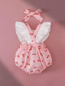SHEIN Playful Pals Baby Girls' Cherry Print Romper - Pink - View 2