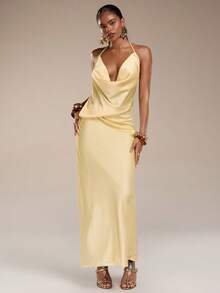Normani 女士性感简约纯色黄色缎面不对称深V领露背系带连衣裙，适合派对、晚宴、正式场合、伴娘、生日迷你裙、商务休闲等场合，优雅露背缎面连衣裙 - 黃色 - 查看 4