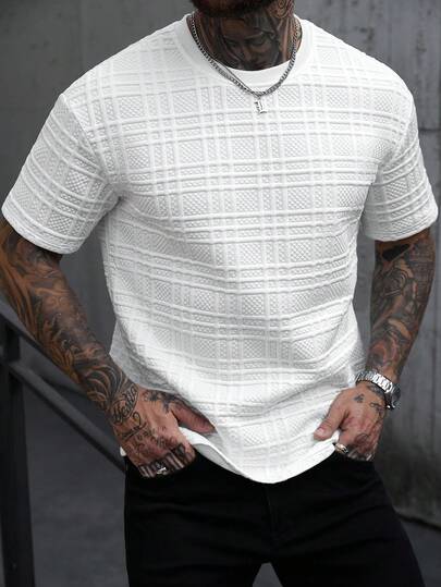 Manfinity CasualCool Men's Casual T-Shirt, Fashionable And Versatile For Daily Wear,Men Old Money,Daily Leisure, Weekend Trips, Outdoor Activities, Travel Expeditions, Relaxed Work Environments Or Semi-Formal Occasions, Boyfriend/Husband Gift, Anniversary /Birthday Gift Party Summer Vacation Holiday,Wedding,Spring To Summer,Easter,Men's White Short Sleeve Crew Neck Textured Weave Shirt,White And Grey Shirt Men,Men Shirts Streetwear,V Neck Men Shirt,Men Shirts Top,Men Shirts White