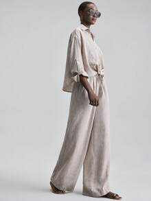 Ontre 2026SS New 2-Piece Set, Women's Dual-Tone Plaid Fabric Dropped Shoulder Long Sleeve Pleated Shirt And Elastic Waist Pants, Modern Elegant Wedding Guest Outfit, Minimalist Romantic French Luxury Feel, Urban Chic Business Casual, High-Quality Airport/Cruise Wear, Middle East Essential, All-Season Versatile, Wedding Series Women's 2-Piece Set 2 Piece Set Women Summer - Multicolor - View 7