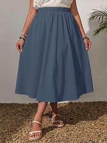 Rusticease Plus Size Elastic Waist Solid Color Casual Summer Versatile Skirt - Navy Blue - View 4