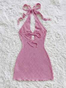 Soleia 休闲度假西部海滩婚礼宾客着装毕业早午餐女士连衣裙，优雅波西米亚热带无肩带露背无袖棕色纹理针织迷你连衣裙 - 粉色 - 查看 2