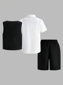 SHEIN Tween Boy Gentleman Elegant Stand Collar Solid Color Cardigan Short Sleeve Shirt, Solid Color Thin Vest, And Solid Color Shorts 3-Piece Woven Set - Black and White - View 3