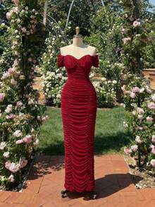 SHEIN MOD Red Ruched Off-Shoulder Long Dress – Garden Tea Party, Date, Party, Women's Summer And Spring Dress, Beachwear, Spring Break, Vacation, Picnic, Festival, Birthday Outfit.Deep Red Ruched Midi Dress Off-Shoulder Sleeves Bodycon Fit Sweetheart Neckline Gathered Details Elegant Silhouette Draped Bodice Slim Cut Dramatic Style Feminine Curves Sophisticated Design Textured Appearance Soft Sheen Sculpted Waist Evening-Inspired Look Classic Charm Rich Hue Romantic Touch Refined Finish Alluring Shape,Summer Holiday Outfits, Vacation Outfits , Carnival Costume , Valentines Day Outfit  , Valentine Outfits For Women , Summer Outfits , Spring Break Outfits - Red - View 1