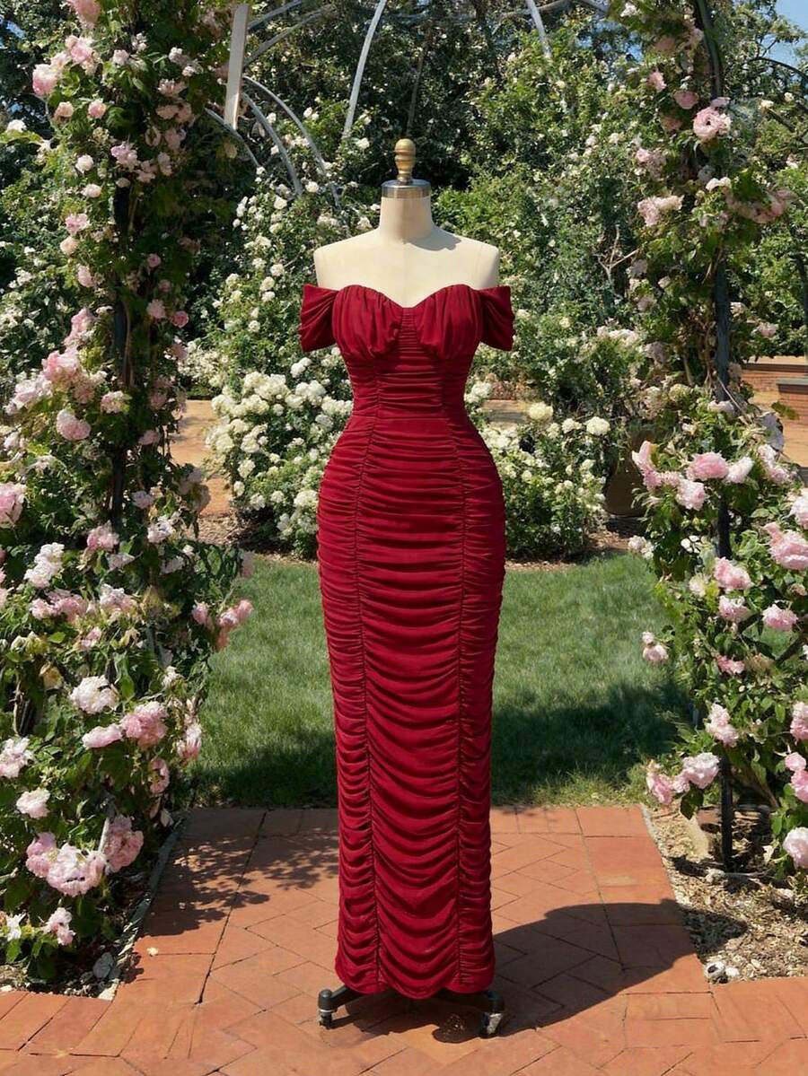 SHEIN MOD Red Ruched Off-Shoulder Long Dress – Garden Tea Party, Date, Party, Women's Summer And Spring Dress, Beachwear, Spring Break, Vacation, Picnic, Festival, Birthday Outfit.Deep Red Ruched Midi Dress Off-Shoulder Sleeves Bodycon Fit Sweetheart Neckline Gathered Details Elegant Silhouette Draped Bodice Slim Cut Dramatic Style Feminine Curves Sophisticated Design Textured Appearance Soft Sheen Sculpted Waist Evening-Inspired Look Classic Charm Rich Hue Romantic Touch Refined Finish Alluring Shape,Summer Holiday Outfits, Vacation Outfits , Carnival Costume , Valentines Day Outfit  , Valentine Outfits For Women , Summer Outfits , Spring Break Outfits - Red - View 1