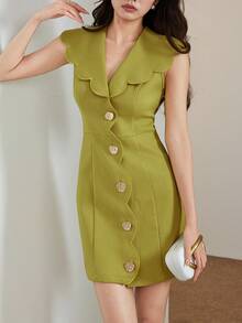 女士纯色金属单排扣时尚别致约会派对迷你连衣裙 - 芥末黃 - 查看 1