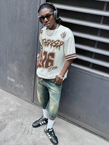 AXEPEAK 男士宽松落肩字母印花网眼短袖T恤 - 棕色 - 查看 7