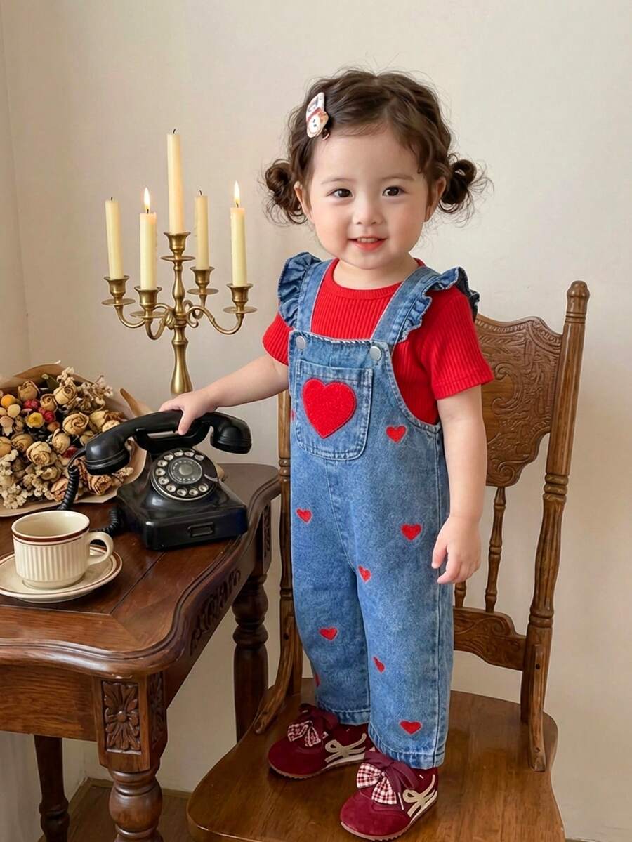 SHEIN Vintaside Kids 1件女婴蓝色牛仔休闲可爱刺绣花卉吊带连体裤，适合外出和派对穿着 - 藍色 - 查看 1