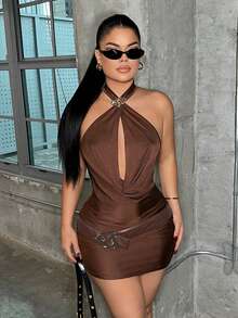 SHEIN SXY Women's Sexy & Elegant Brown Draped Neck Backless Fitted Bodycon Dress With Belt, Summer,Carnival,Party,Rave Outfit ,Summer, Spring,Going Out,Y2K, Brown Dress Women, Chocolate Brown Dress, Sexy Brown Dress, Brown Halter Dress, Coffee Brown Dress Brown Short Dress Brown Mini Dress Sexy Club Outfit - Brown - View 6