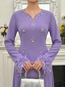 Al Najma Đầm maxi Thổ Nhĩ Kỳ dành cho nữ, thanh lịch, sang trọng, lãng mạn, đính pha lê, kiểu áo choàng dài truyền thống Ả Rập. - Màu tím - Xem 4