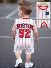 SHEIN Unisex Baby Cute Red Sleeveless Romper Jumpsuit Baseball Jacket, Spring/Summer Baby Boy Clothes, Outfits - Red - View 1