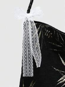 ROMWE Kawaii 女士复古金色丝绸竹叶鸟包黑色手提包，编织蝴蝶装饰和蝴蝶结，大容量 - 鎏金黑 - 查看 5