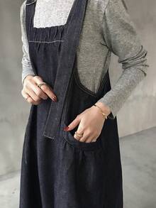 FRIFUL 女士休闲长款牛仔背带裙 - 藍色 - 查看 8