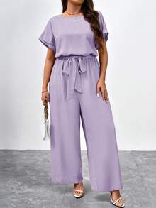 SHEIN Clasi Elegant jumpsuit i plusstorlek med rund halsringning, midjebälte och vida ben - Lila - Visa 5