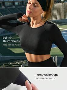 GLOWMODE Second-Skin Seamless Cardio Crusher Soft Lightweight Sweat-Wicking Removable Cups Thumbholes Long Sleeve Mesh Front Crop Top Training Running Workout Gym Studio Daily Active Wear - Black - View 4