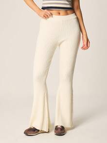 MISSGUIDED High Waist Ribbed Knit Flare Leg Pants With Back Patch Pockets For Casual Fall Spring Everyday Wear - Beige - View 1