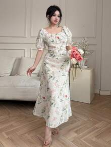 DAZY 2024夏季碎花泡泡袖雪纺连衣裙，收腰显瘦法式浪漫风格吊带裙 - 白色 - 查看 2