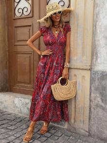 Brillora Women's Burgundy V-Neck Pleated Waist Cinched Boho Maxi Dress,Summer Holiday Vacation Bohemian Floral Wedding Guest Outfit,Elegant Short Sleeve Dress - Red - View 6