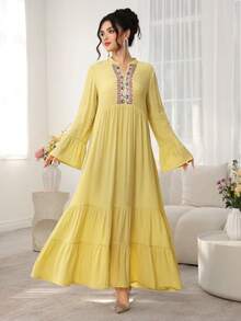 SHEIN Najma Romantic Elegant Yellow Stand Collar Flare Sleeve Ruffle Hem Dress, Spring/Summer - Yellow - View 7