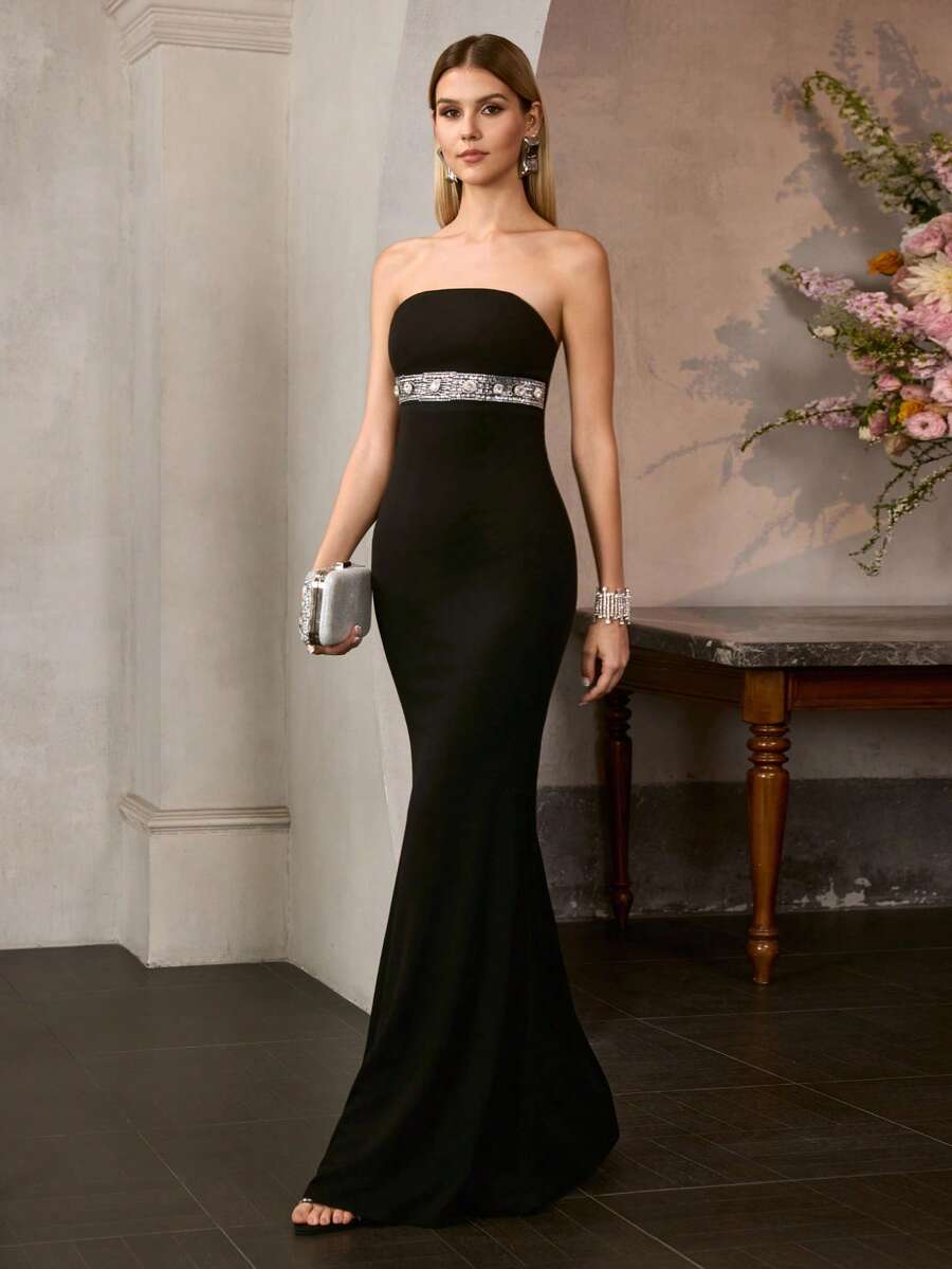 MOTF Soiréza 女士无肩带修身鱼尾晚礼服，胸下饰有水钻装饰带，自然垂坠的鱼尾裙摆，适合婚礼、盛大晚宴、颁奖典礼和正式招待会等场合。