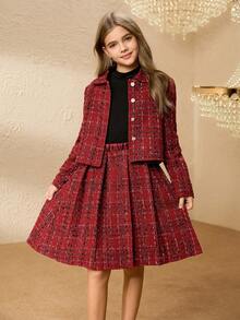 Tween Girl Autumn Simple Solid Color T-Shirt, Single-Breasted Jacket And Pleated Skirt 3-Piece Set - Burgundy - View 6