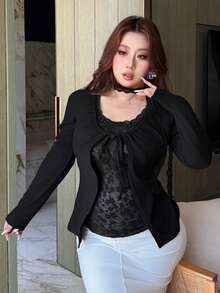 Dazy Plus Tricou negru cu mânecă lungă, model patchwork din dantelă, mărime plus - Gri - Vizualizare 7