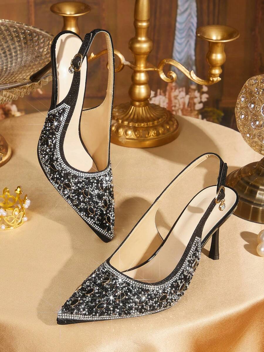 CUCCOO TILAWA Women's Rhinestone Pointed Toe High Heel Shoes, Fashionable Ankle Strap Dress Shoes Suitable For Parties And Banquets - Black - View 1