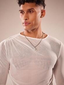 FeverCity 男士网眼透视休闲不对称长袖圆领T恤 - 白色 - 查看 6