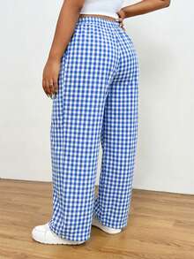 SHEIN EZwear 浅蓝色加大码休闲格子松紧腰宽松裤 - 淺藍色 - 查看 2