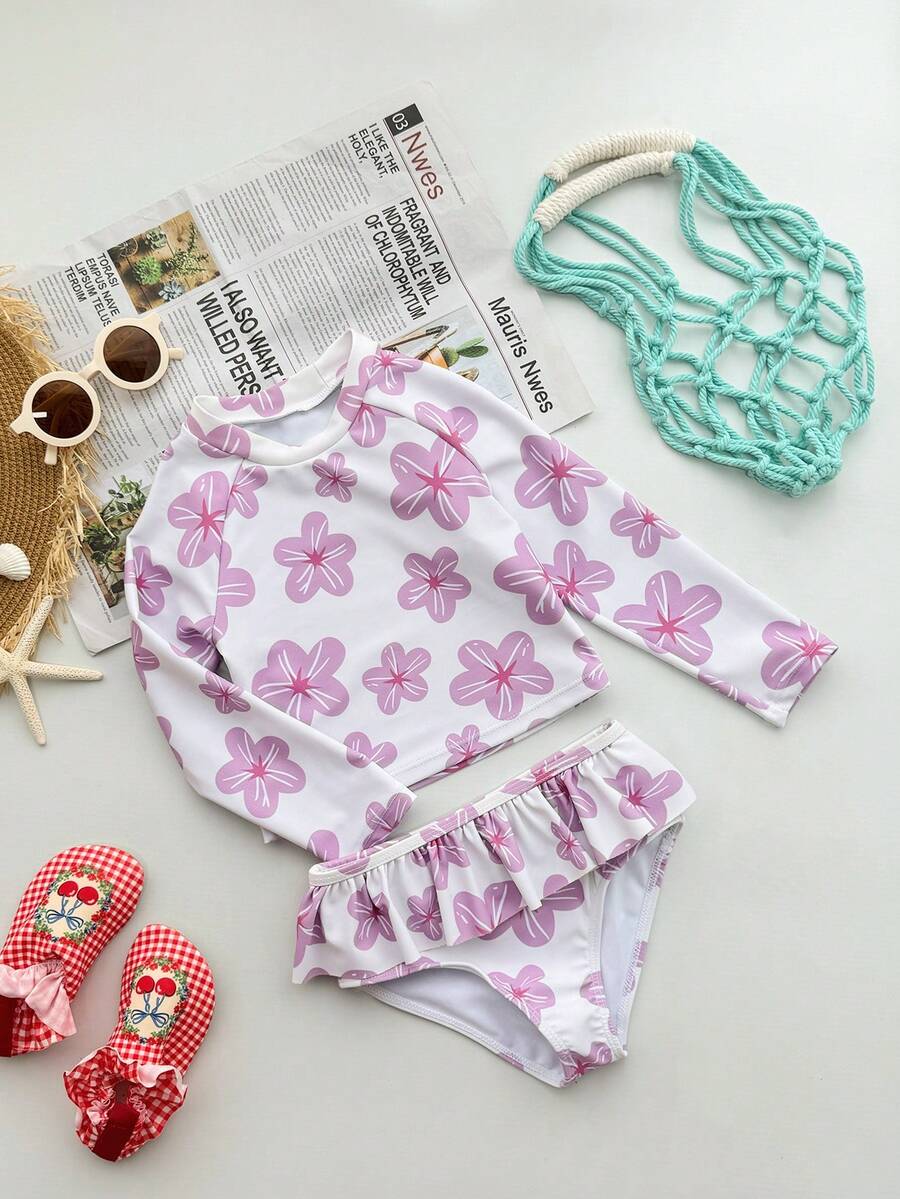 DAZY Bộ bikini tam giác in hoa dành cho bé gái, gồm áo dài tay cổ tròn viền bèo nhún. - Hồng - Xem 1