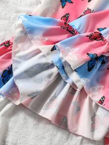 SHEIN Sparklyn 少女彩虹条纹印花无袖荷叶边下摆休闲度假连衣裙 - 彩色 - 查看 6