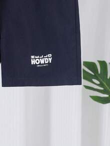 SHEIN 男童撞色“HOWDY”图案T恤和弧形拼接休闲短裤套装（2件套），夏季儿童服装 - 藏蓝色 - 查看 4