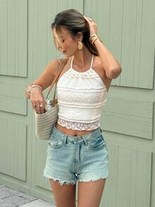SHEIN Frenchy Áo hai dây ren phối màu thoải mái cho nữ mùa hè, thích hợp cho kỳ nghỉ. - Màu be - Xem 2