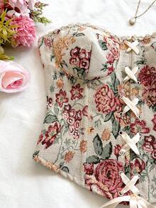 Soleia Going Out Outfits  Summer Holiday Outfits Women's Floral Jacquard Eyelet Lace-Up Design Fashion Bandeau Top - Multicolor - View 4