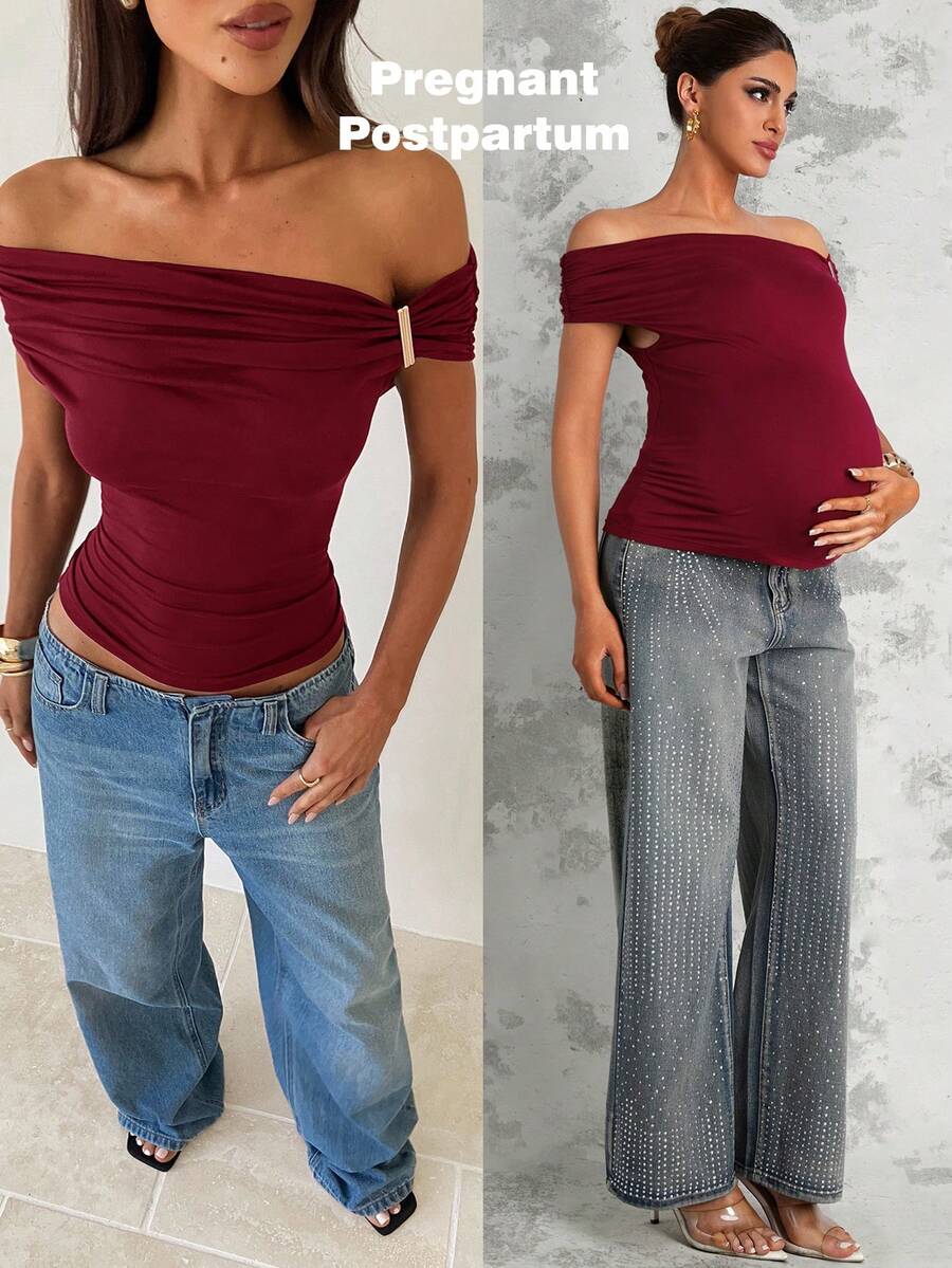 MaterniChic Maternity Clothes Maternity  Tops Summer Pregnant Clothes Red Maternity T-Shirt, Off-The-Shoulder, With Metal Buckles, Romantic And Perfect For Dates, Highly Elastic And Elegant - Red - View 1