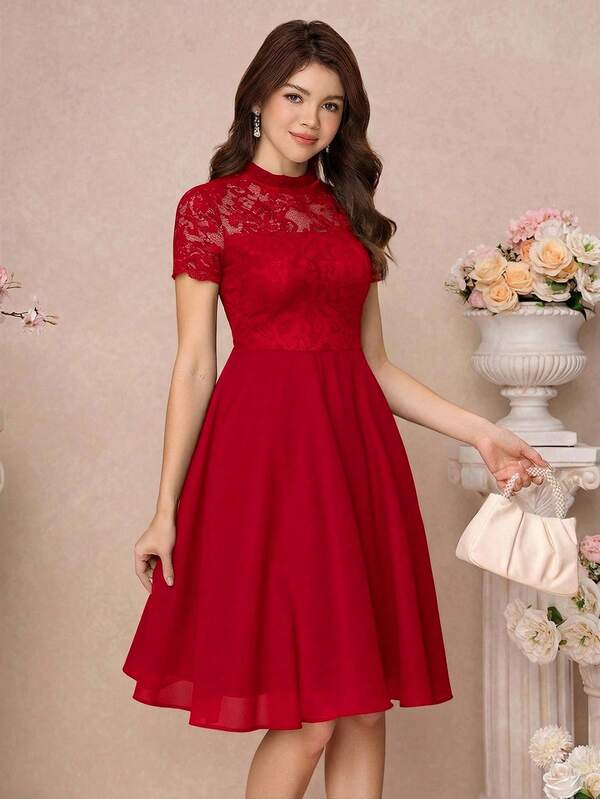 Black Lace Trim Sheer Chiffon Hem Midi Dress For Teen Girls, Suitable For Holidays, Parties, Elegant, Weddings, Back To School, Graduation