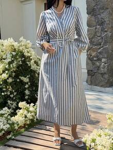 Livesso Frühlings- und Sommer-Gestreiftes Farbblock Boho-Stil Casual Urlaubs-Strand Elegantes Pendler-Lässiges Kleid mit Bindegürtel, Langarm Midi-Kleid für Damen Sommerkleid - Grau - Übersicht 4