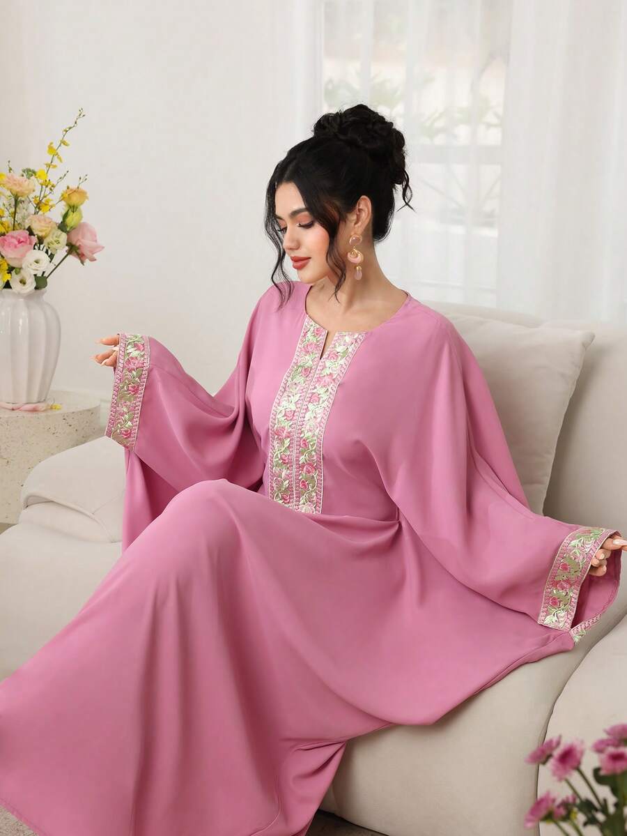 Al Najma 撞色花边蝙蝠袖长袍 - 粉色 - 查看 1