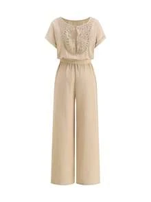 SHEIN Clasi 女士常规腰部褶皱系带蝴蝶结圆领卷边袖短袖阔腿连体裤 - 杏色 - 查看 2