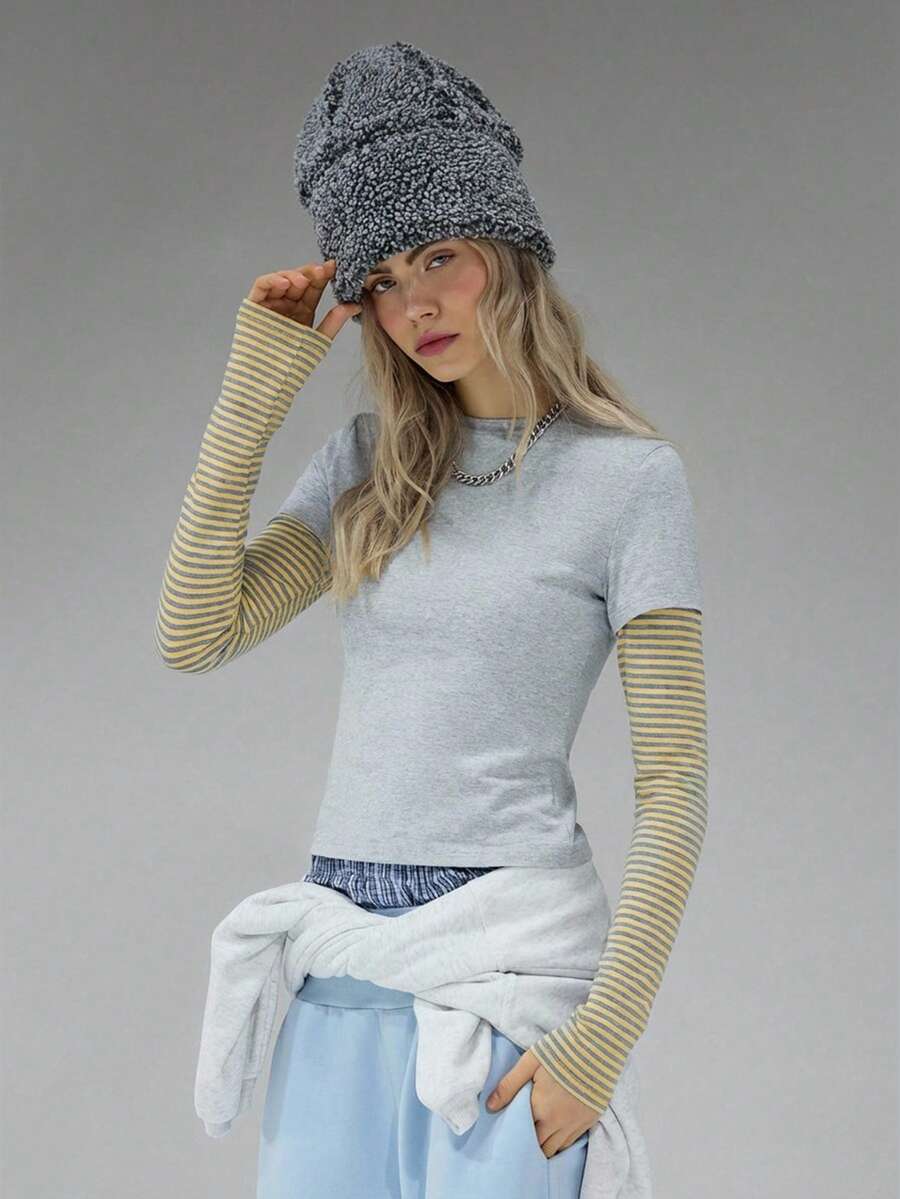 COUREZ 双层长袖针织衫/Y2K长袖上衣 外出上衣 女式上衣 冬季女装 灰色上衣 性感可爱女式上衣 - 彩色 - 查看 1