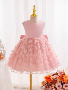 SHEIN Glamorique Kids Girls' White Bow Waist Embroidered V-Back Elegant Party Dress, Suitable For All Seasons - Pink - View 2