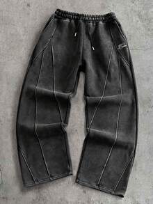 AXEPEAK 男士字母印花做旧抽绳腰休闲百搭日常运动裤 - 黑色 - 查看 2