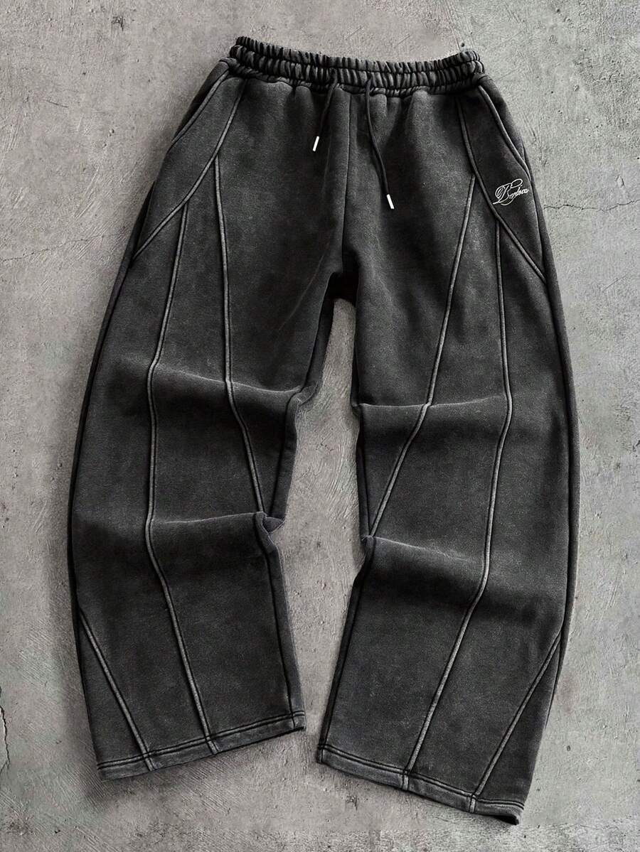 AXEPEAK Men's Letter Print Distressed Drawstring Waist Casual Versatile Daily & Sports Pants Mens Casual Loose Pants Mens Vintage Pants Gray Baggy Pants - Black - View 1