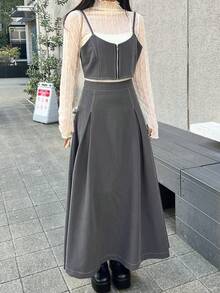 FRIFUL 女士宽松吊带背心和A字裙两件套 - 灰色 - 查看 7